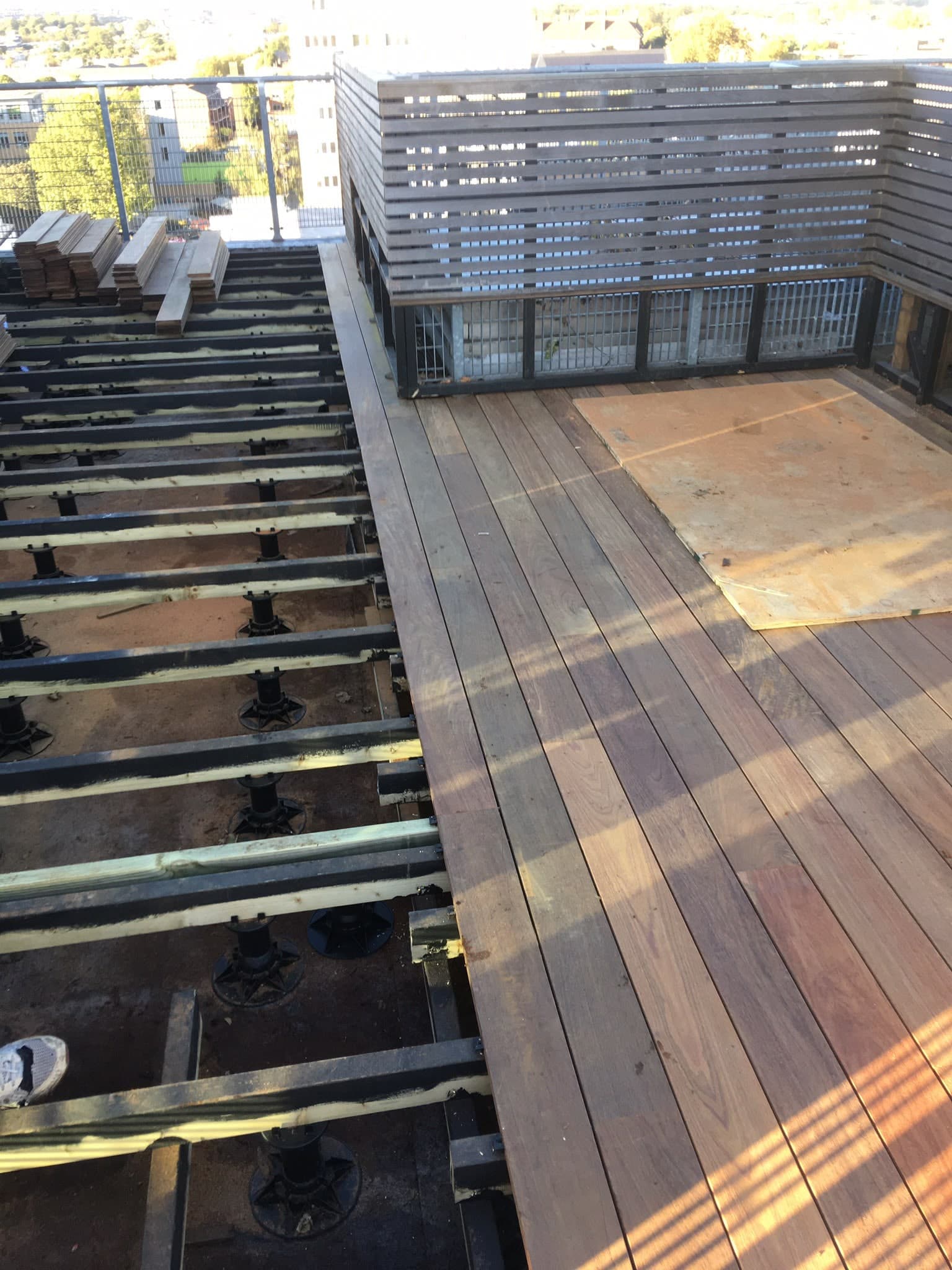 Decking joists on pedestals before the boards go down