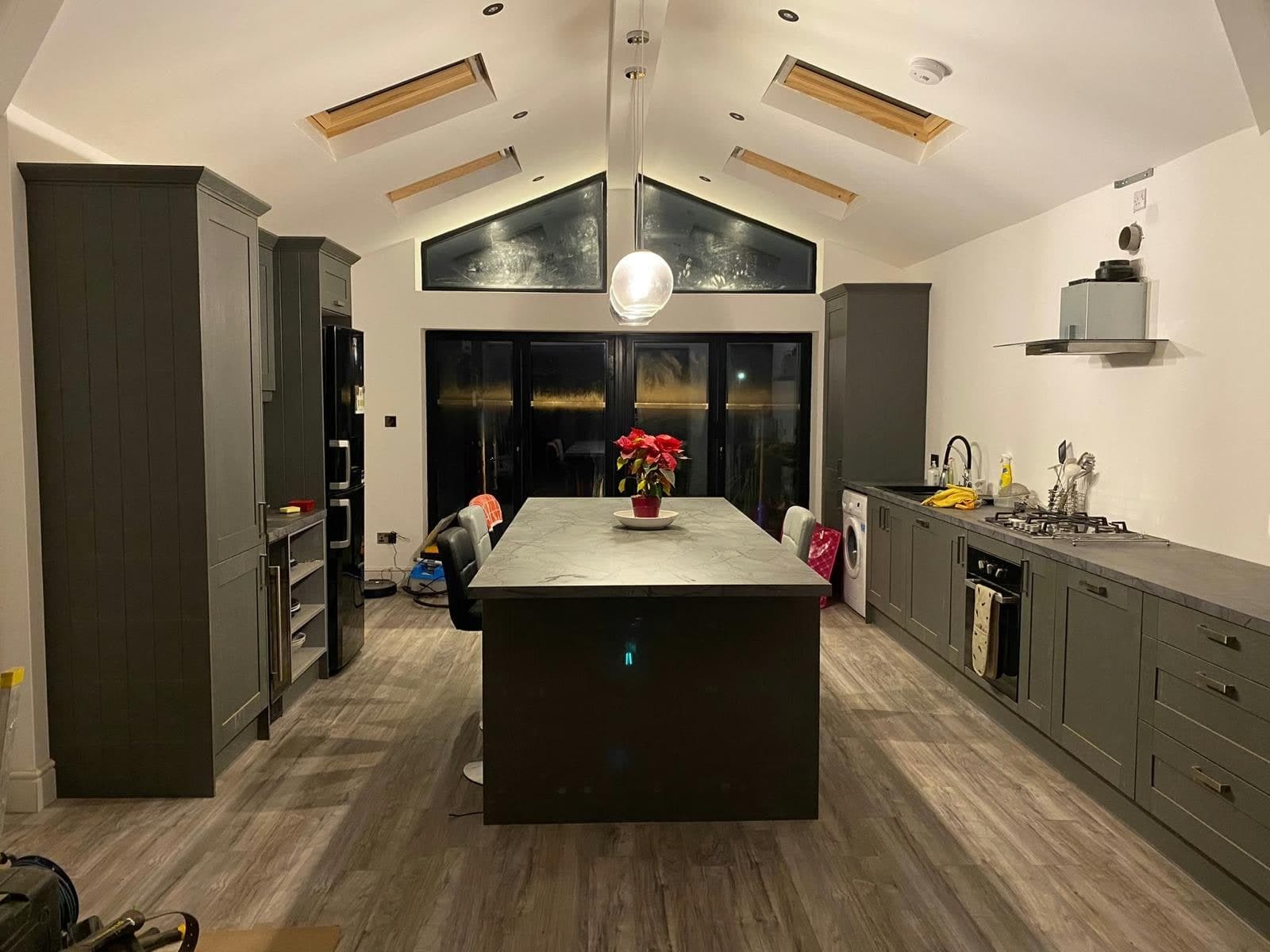 Finished kitchen/diner extension with island, vaulted ceiling and rooflights
