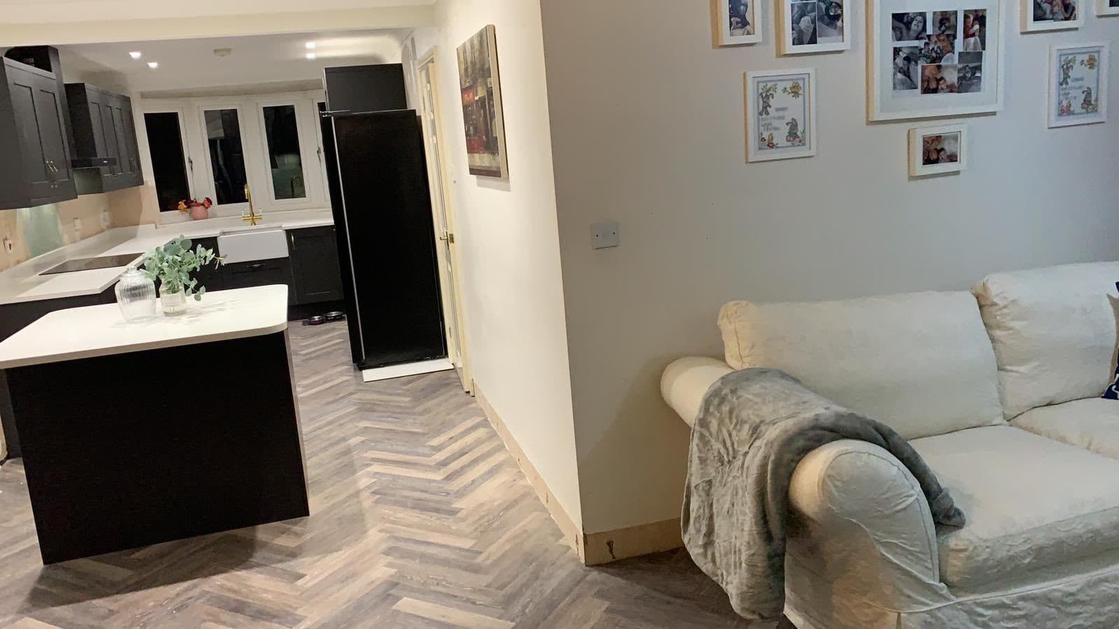 Herringbone floor running through to the living room